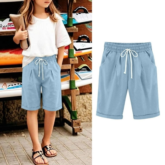 ATOGUTA Basketball Shorts Girls with Pockets High Waisted Kids Sport Shorts for Soccer Basketball Running Blue, Size 4T-15