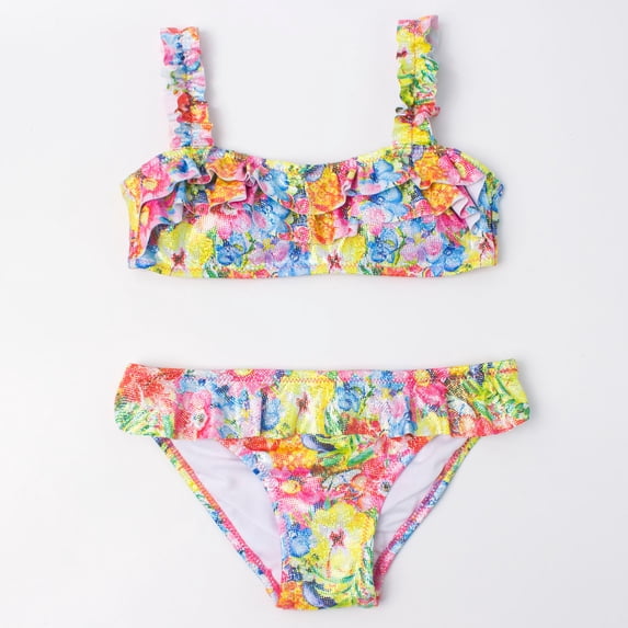 ATOGUTA Bathing Suit Kids Flower Dolphin Print Beach Ruffle Bikini Suit Pink, Sizes 3T-10