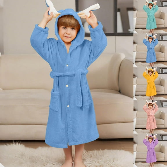 ATOGUTA Bathrobes for Boys Kids Girls Fleece Robe Hooded Soft Warm Bathrobes Pajamas Sleepwear for Children Size 3T-8, Blue