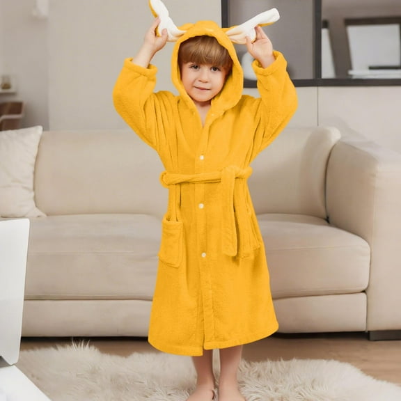 ATOGUTA Bathrobes for Boys Kids Girls Fleece Robe Hooded Soft Warm Bathrobes Pajamas Sleepwear for Children Size 3T-8, Yellow