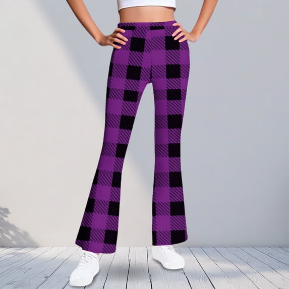 ATOGUTA Bell Bottom Leggings For Girls High Waisted Casual Kids Plaid Warm Fleece Flare Leggings Size 5T-16, Purple