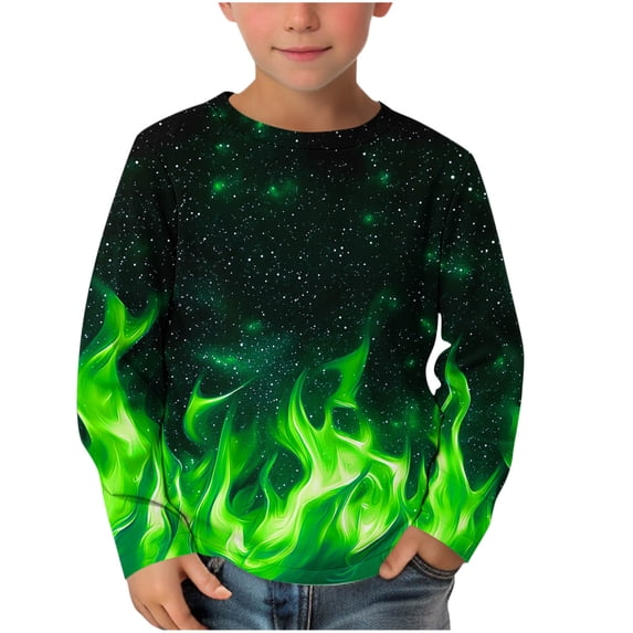 ATOGUTA Big Boys Shirts Long Sleeve T-Shirts Crew Neck Tops Cotton Summer Uniform Clothes Green, 3-14 Years
