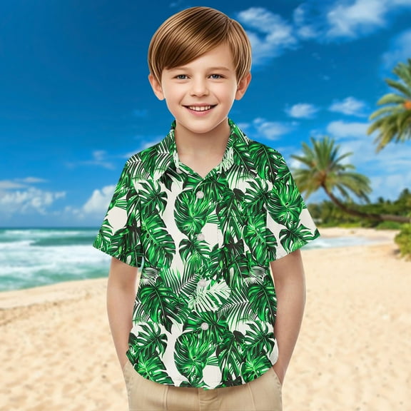 ATOGUTA Big Boys Shirts Short Sleeve Button Down Hawaiian Shirt Beach Tropical Summer Casual Shirts for Kids Green, 2-15 Years