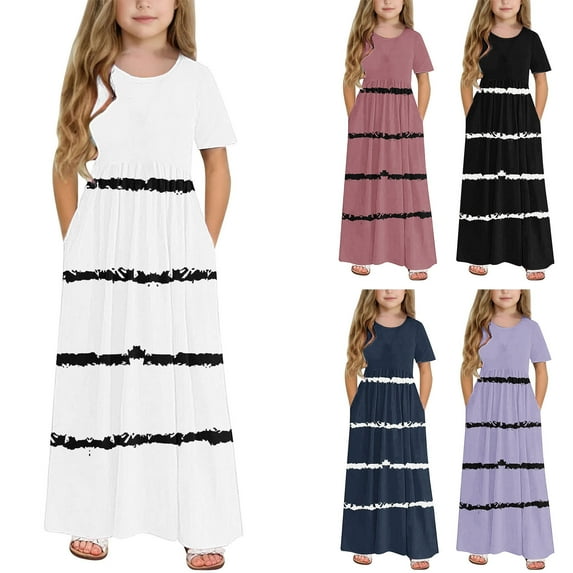 ATOGUTA Big Girl Dresses Short Sleeve Floral Print Loose Casual Long Maxi Dress with Pockets Navy, Size 4-14 Years