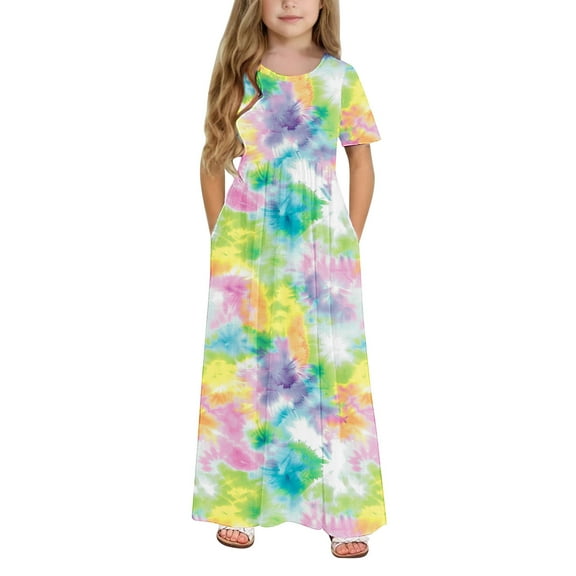 ATOGUTA Big Girls Dresses Short Sleeve Floral Print Loose Casual Long Maxi Dress with Pockets Multicolor, Size 4-14 Years