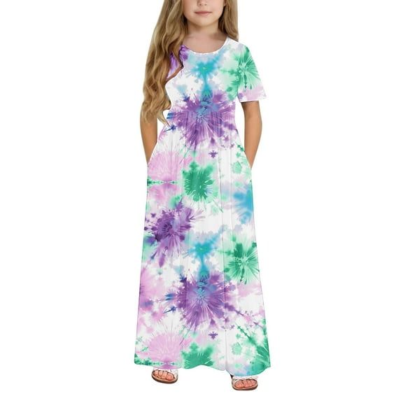 ATOGUTA Big Girls Dresses Short Sleeve Floral Print Loose Casual Long Maxi Dress with Pockets Multicolor, Size 4-14 Years