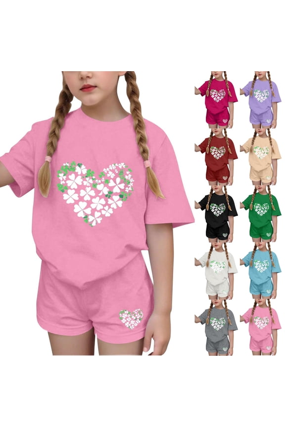 Big Girls Outfits 2 Piece Short Sleeve Tee Shirt and Kids Athletic Shorts Activewear Set Pink, Size 4T-15