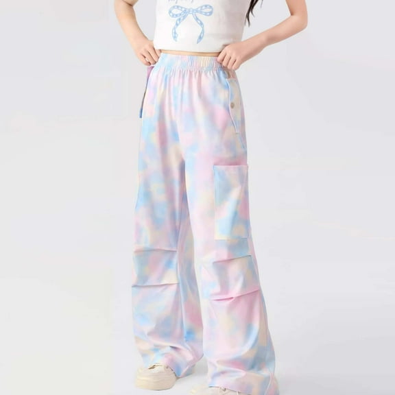 ATOGUTA Big Girls Pants Elastic High Waist Wide Leg Jogger Streetwear Kids Pants Casual Loose Trousers Multicolor, Size 6-16 Years