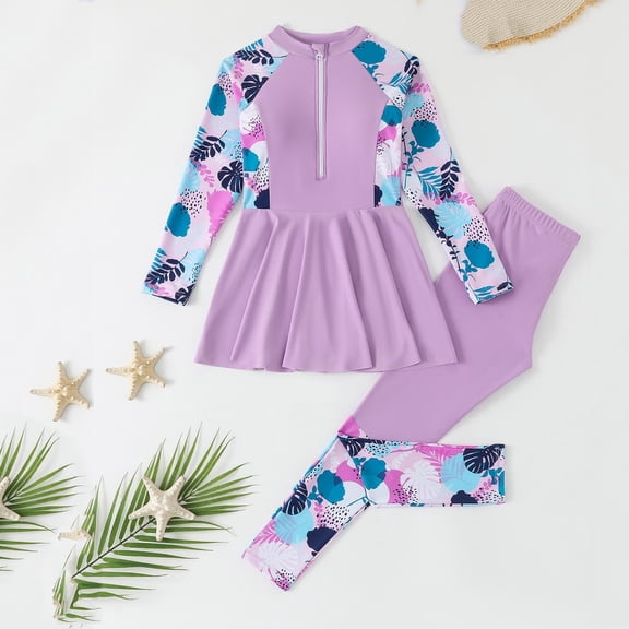 ATOGUTA Big Girls Swim Long Sleeves Swimsuit 2 Pieces Tankini Bathing Suit Swimwear for Girls Size 4T-13, Purple