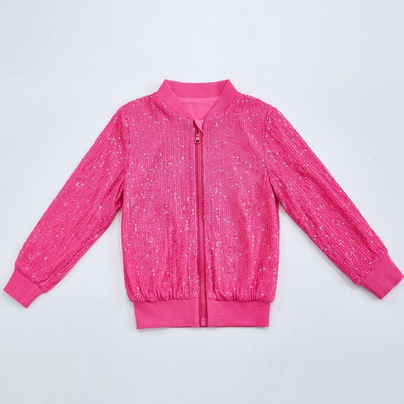 ATOGUTA Bomber Jacket Girls Kids Sequin Long Sleeved Casual Jacket Shawl Cardigan Coat Size 2T-9 Hot Pink