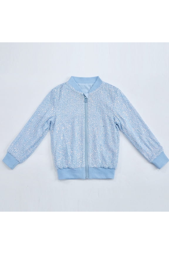 Bomber Jacket Girls Kids Sequin Long Sleeved Casual Jacket Shawl Cardigan Coat Size 2T-9 Light Blue
