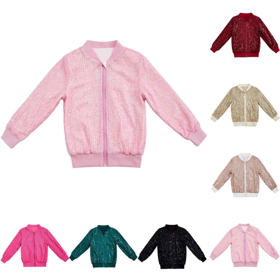 ATOGUTA Bomber Jacket Girls Kids Sequin Long Sleeved Casual Jacket Shawl Cardigan Coat Size 2T-9 Pink