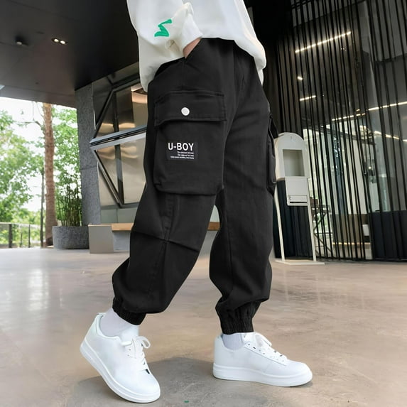 ATOGUTA Boy Cargo Pants Size 3T-15 Elastic Waist Athletic Joggers for Running Sports Outdoor School Uniform Black