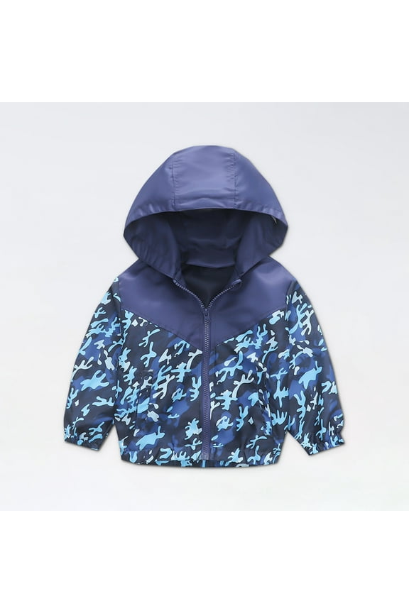 Boy Jacket Fashion Cute Camouflage Pattern Windproof Jacket Hooded Coat Navy, Size 3T-9
