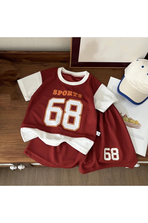 Boy Sweat Suits Sets 2 Piece Short Sleeve Tee Shirt and Kids Athletic Shorts Activewear Set Red, Size 6M-10