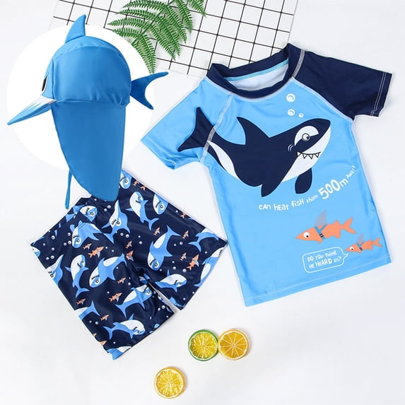 ATOGUTA Boy Swim Set Kids Short Sleeve Swimwear Sets Bathing Suit with Sun Hat Blue, Size 2T-7