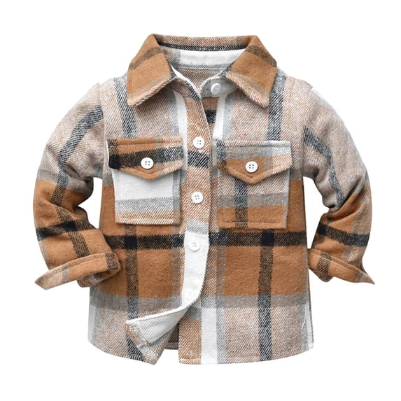 ATOGUTA Boy's Hooded Winter Coat Plaid Shirts Button Down Jacket Top Outfit Fall Winter Clothes Coffee, Size 3M-6