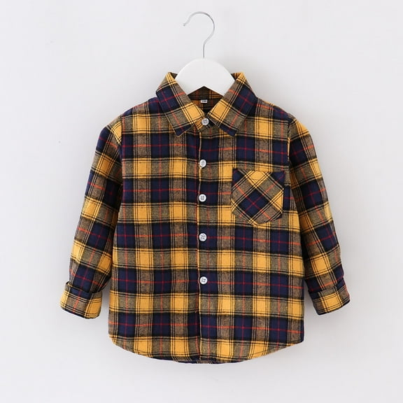 ATOGUTA Boy's Mid-Long Warm Winter Coat Flannel Plaid Shirts Kids Cotton Long Sleeve Button Down Shirt Yellow, Size 1T-10