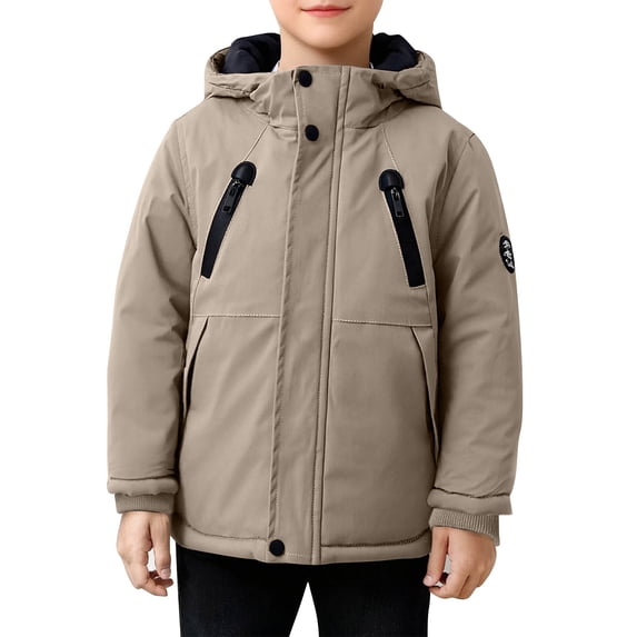 ATOGUTA Boy's Puffer Jacket Lightweight Fleece Jacket Warm Hooded Winter Coat Quilted Outerwear Jacket Size 3T-13, Beige