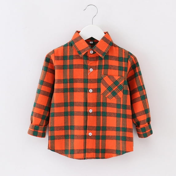 ATOGUTA Boy's Water Resistant Winter Coats Flannel Plaid Shirts Kids Cotton Long Sleeve Button Down Shirt Orange, Size 1T-10