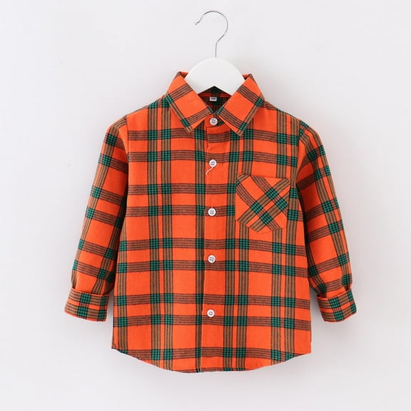 ATOGUTA Boy's Winter Parka Flannel Plaid Shirts Kids Cotton Long Sleeve Button Down Shirt Orange, Size 1T-10