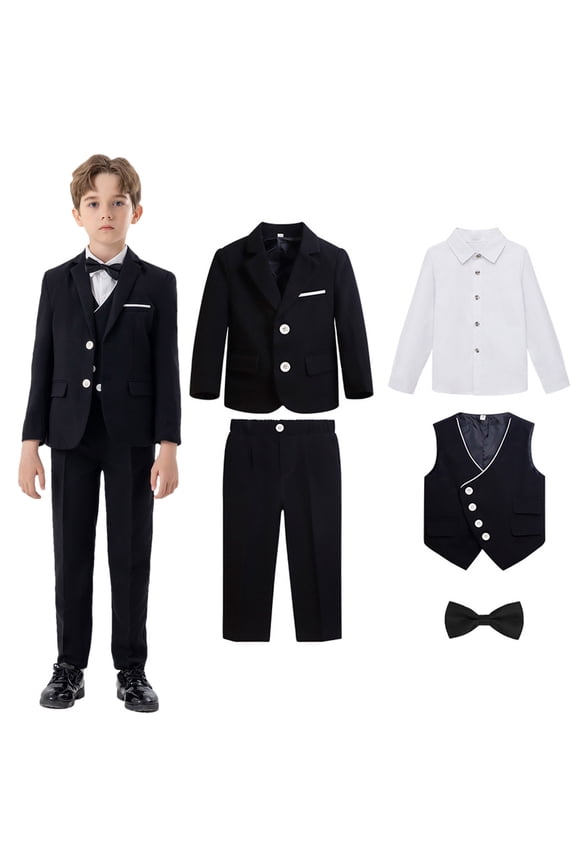Boys' 5-Piece Formal Suit Set, Jackets, Vest, Pants, Collared Dress Shirt, and Tie