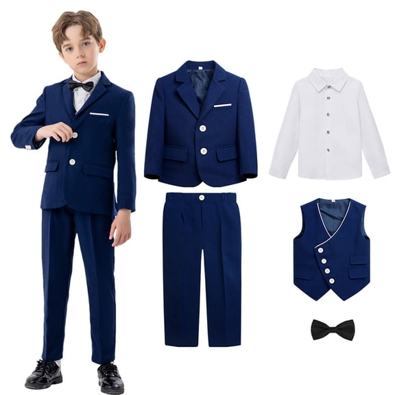 ATOGUTA Boys' 5-Piece Formal Suit Set, Jackets, Vest, Pants, Collared Dress Shirt, and Tie