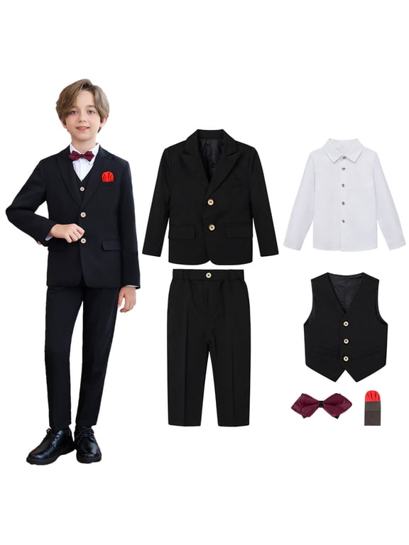 Boys' 6-Piece Formal Suit Set, Jackets, Vest, Pants, Collared Dress Shirt, and Tie, Pocket Square