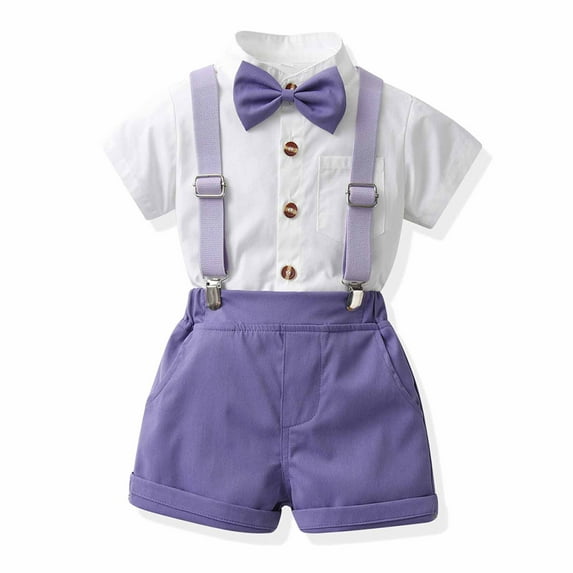 ATOGUTA Boys Blazer Sets Short Sleeve Shirt with Bow Tie and Suspender Shorts Purple, Size 1-9 Years