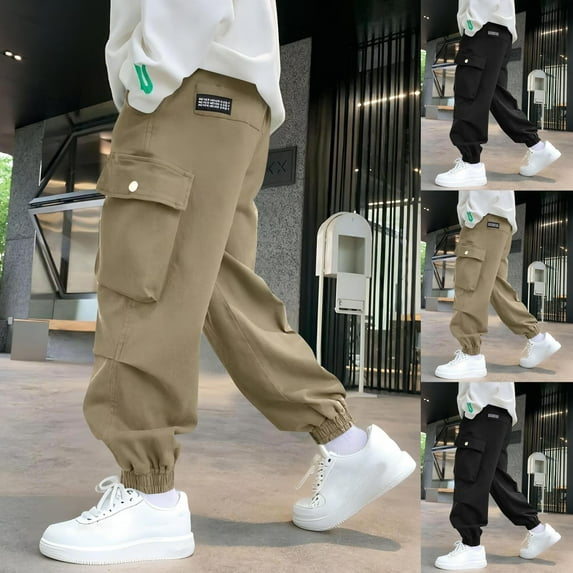 ATOGUTA Boys Cargo Pants Size 3T-15 Elastic Waist Athletic Joggers for Running Sports Outdoor School Uniform Khaki
