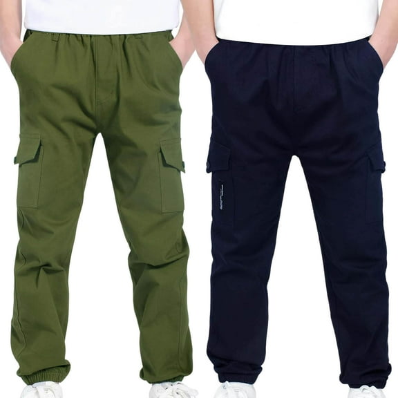 ATOGUTA Boys Cargo Pants with Pockets Elastic Waist School Casual Joggers Trousers 2-Pack Size 4T-13, Navy