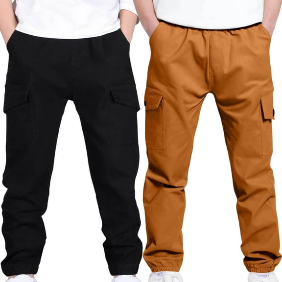 ATOGUTA Boys Cargo Pants with Pockets Elastic Waist School Casual Joggers Trousers 2 Pack Size 4T-13, Orange
