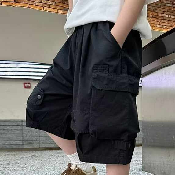 ATOGUTA Boys Cargo Shorts Summer Basketball Soccer Kids Youth Shorts Sport Active Clothes with Pockets Black, Size 5T-16