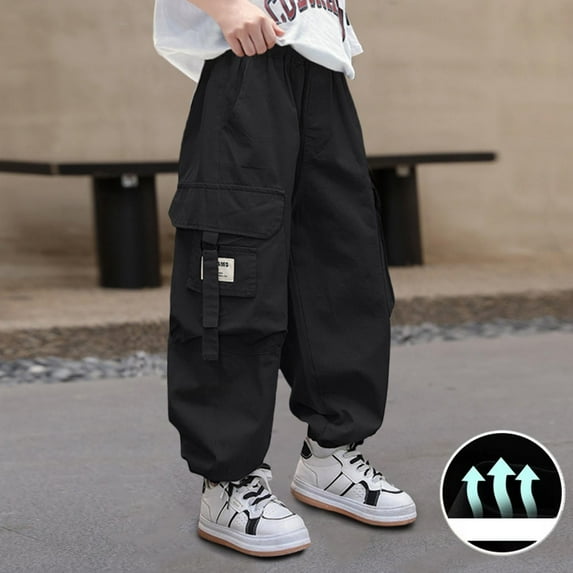 ATOGUTA Boys Cargo Work Pants Elastic High Waist Jogger Streetwear Kids Pants Casual Loose Trousers Black, Size 6-16 Years