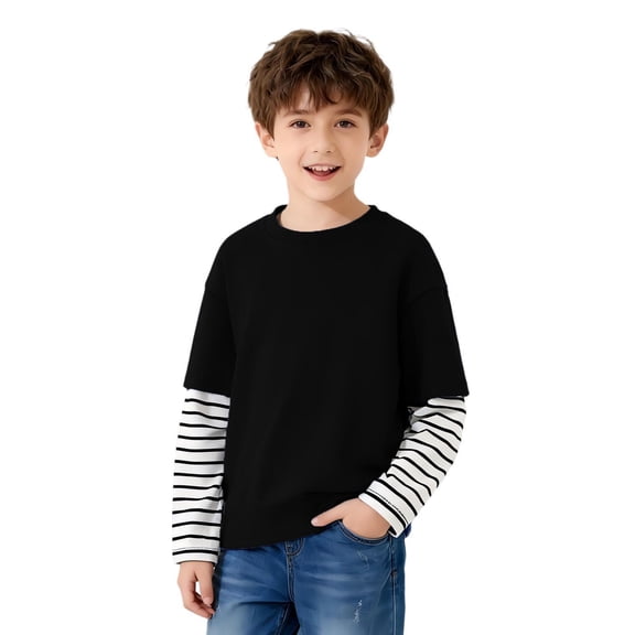 ATOGUTA Boys Casual Shirts Long Sleeve Pullover Tops Fall Winter Outfits Casual Clothes Size 3T-14, Black