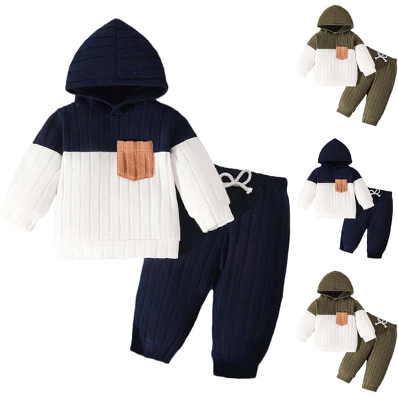 ATOGUTA Boys' Clothing Sets Ribbed Long Sleeve Hooded Sweatshirt Drawstring Jogger Pants 2 Piece Casual Tracksuit