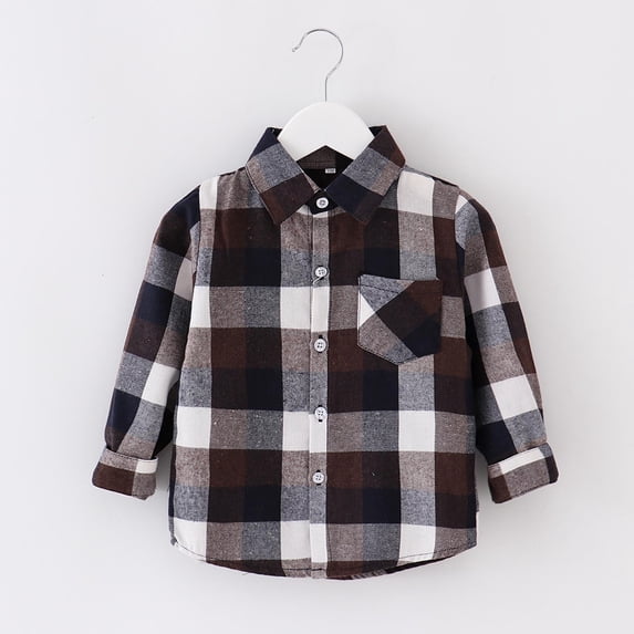 ATOGUTA Boys Coat Flannel Plaid Shirts Kids Cotton Long Sleeve Button Down Shirt Coffee, Size 1T-10