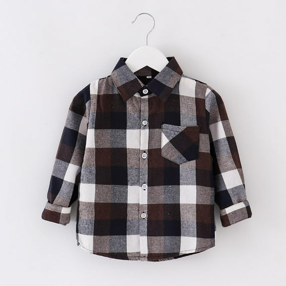 ATOGUTA Boys Coats Flannel Plaid Shirts Kids Cotton Long Sleeve Button Down Shirt Coffee, Size 1T-10