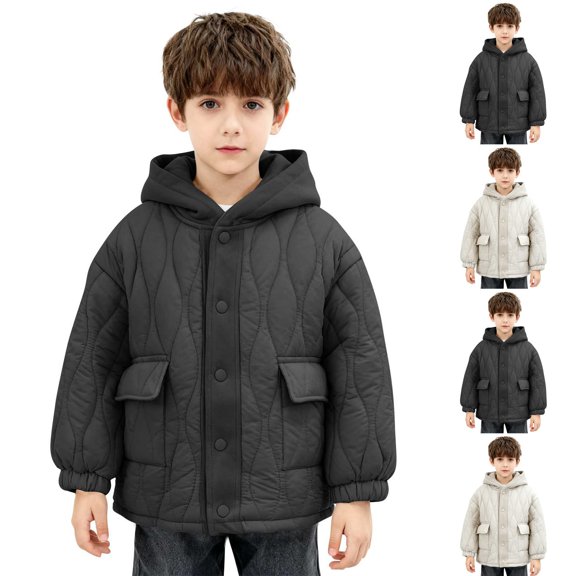 ATOGUTA Boys Down Coat Winter Fleece Jacket Zip Up Hooded Puffer Quilted Kids Outerwear Jacket for Boys Size 3T-8 Black