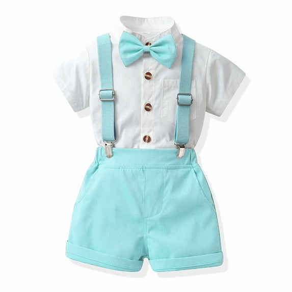 ATOGUTA Boys Dressy Outfits Short Sleeve Shirt with Bow Tie and Suspender Shorts Mint Green, Size 1-9 Years