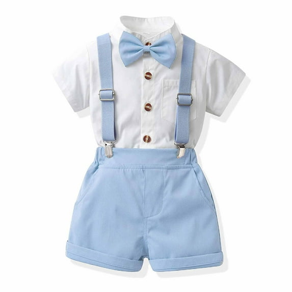 ATOGUTA Boys Dressy Suits Short Sleeve Shirt with Bow Tie and Suspender Shorts Light Blue, Size 1-9 Years
