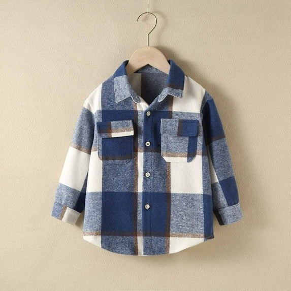 ATOGUTA Boys Fleece Jacket Casual Long Sleeve Plaid Flannel Button Down Shirt for Children Blue, Size 2T-7