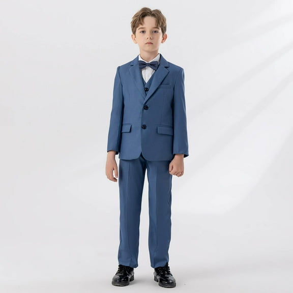 ATOGUTA Boys Formal Suit 1T-14 with Dress Shirt, Bow Tie, Jackets, Vest, and Pants Classic Formal Suit Set Blue