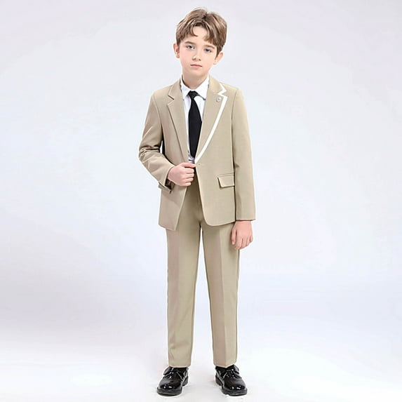 ATOGUTA Boys Formal Suit 1T-14 with Dress Shirt, Tie, Jackets, Vest, Brooch, and Pants Classic Formal Suit Set Khaki