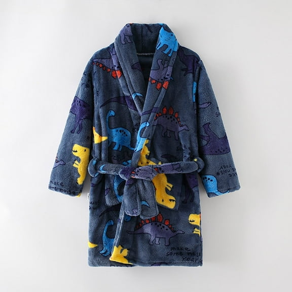 ATOGUTA Boys Girls Bathrobe Shawl Collar Robe Fleece Robes Soft Flannel Robe for Kids Warm Fuzzy Bathrobe Dark Blue, Size 4T-12