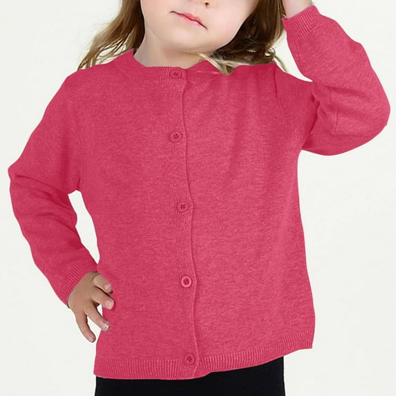 ATOGUTA Boys Girls Cardigan Sweaters School Uniforms Kids Cotton Crew Neck Knit Sweater Hot Pink, Size 12M-6