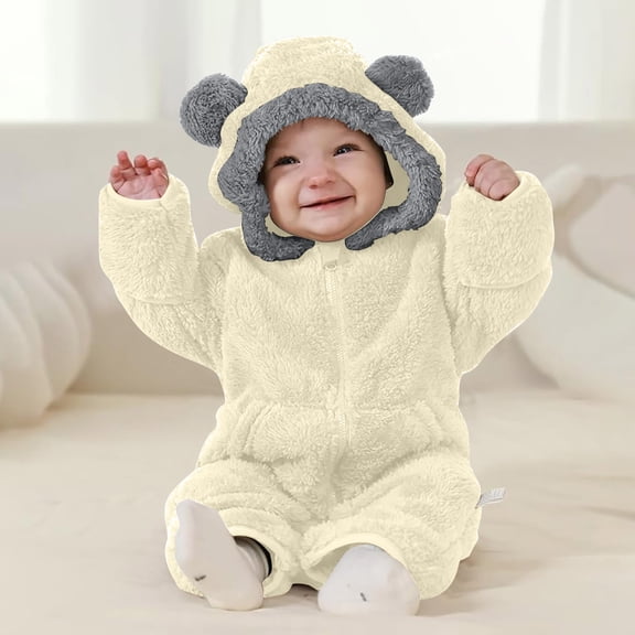 ATOGUTA Boys Girls Clothes Hooded Fleece Rompers Long Sleeve Warm Jacket Outwear Outfits Size 0-18M, Beige