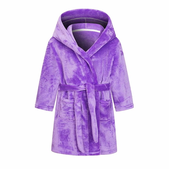ATOGUTA Boys Girls Fleece Hooded Robe Kids Warm Fuzzy Bathrobe Purple, Size 2T-8