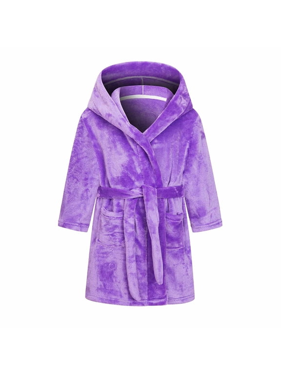 Boys Girls Fleece Hooded Robe Kids Warm Fuzzy Bathrobe Purple, Size 2T-8