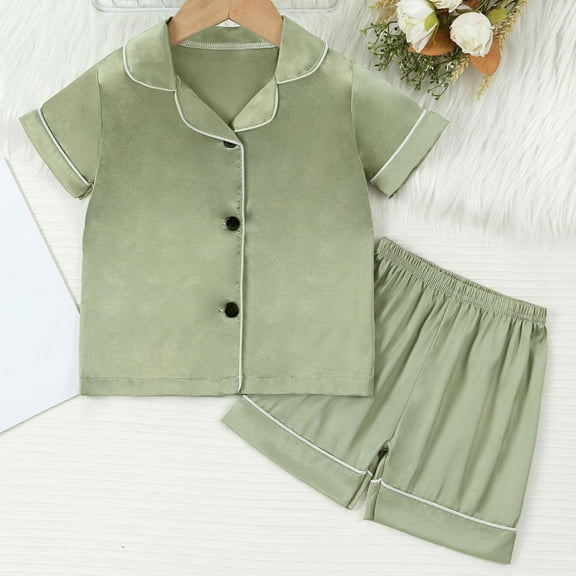 ATOGUTA Boys Girls Fleece Pajama Set 1T-8 Casual Button Down Short Sleeve Shirts And Shorts Outfits Stain Homewear Green
